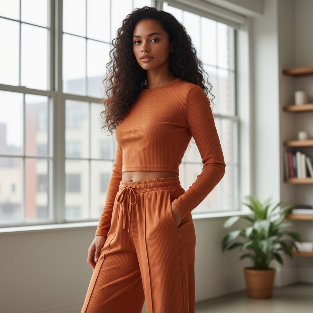 •Glammed but Comfy• 2-Piece Ribbed Knit Long Sleeved Cropped Wide Leg Set